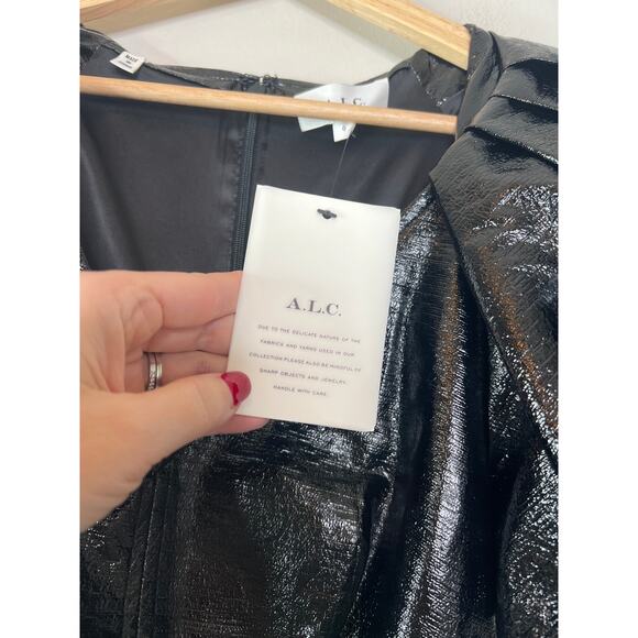 NWT A.L.C. Park Crinkled Faux Leather Puff Sleeve Lined Mini Dress Black Size: 0 - Picture 4 of 8